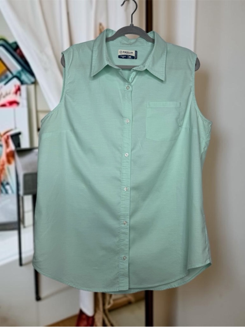 Magellan Outdoors XXL Sleeveless Button Down Shirt Mint Green Lightweight Top